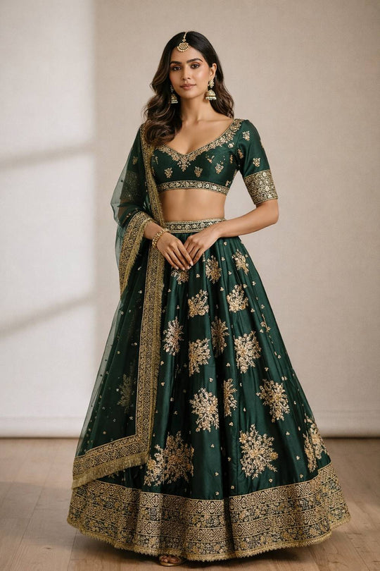 Emi Emerald Green Embroidered French Crepe Lehenga Saree