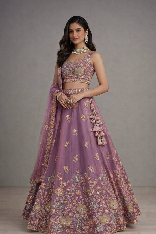 Mansa Mauve Zari &amp; Floral Sequins Lehenga Saree