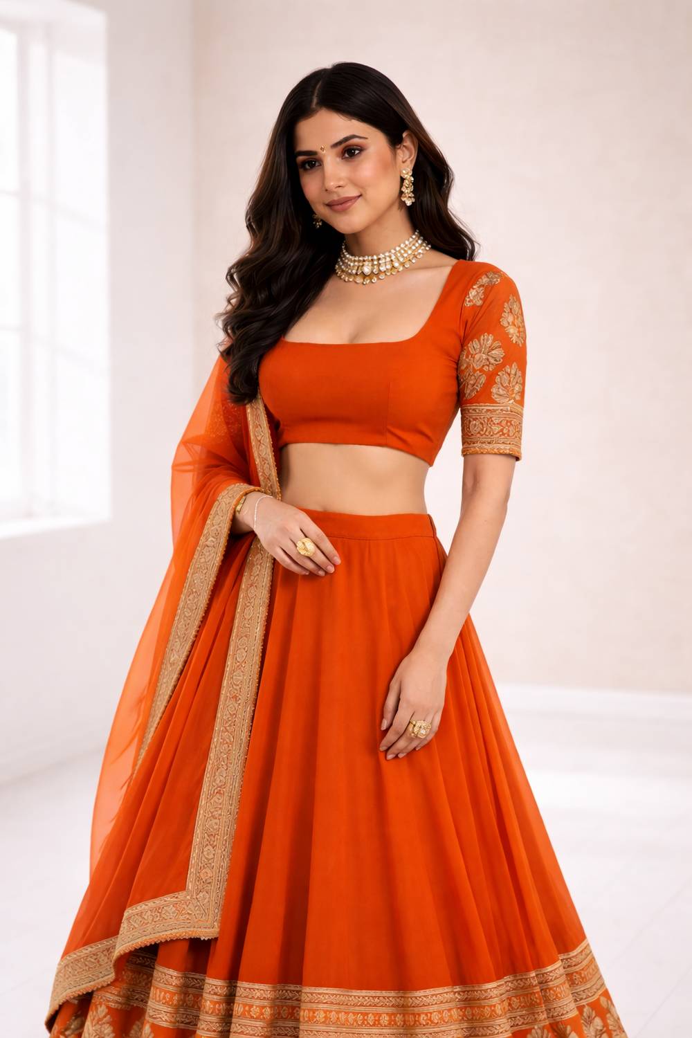 Ria Rust Orange Zari &amp; Sequin Embroidered Faux Georgette Lehenga Saree