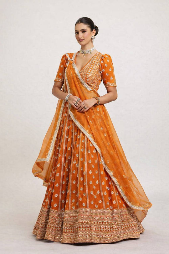 Olsa Orange Sequin &amp; Zari Embroidered Faux Georgette Lehenga Saree