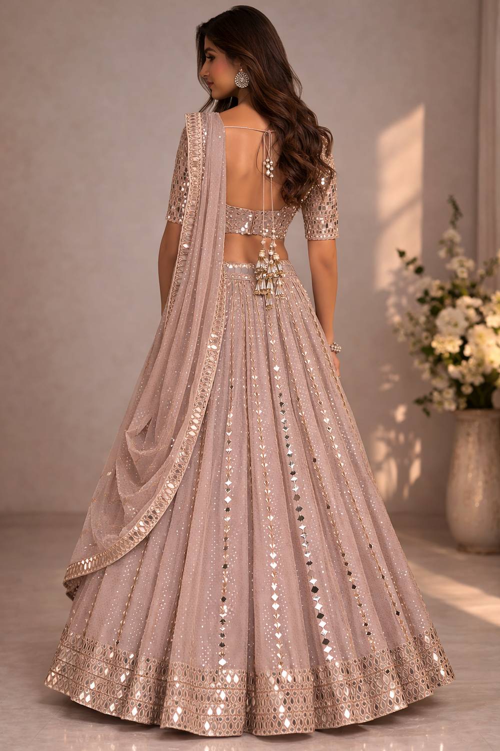 Davina Dusty Mauve Sequin &amp; Mirror Embroidered Semi Viscose Organza Lehenga Saree