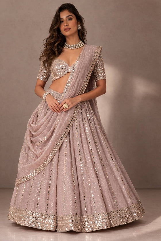 Davina Dusty Mauve Sequin & Mirror Embroidered Semi Viscose Organza Lehenga Saree
