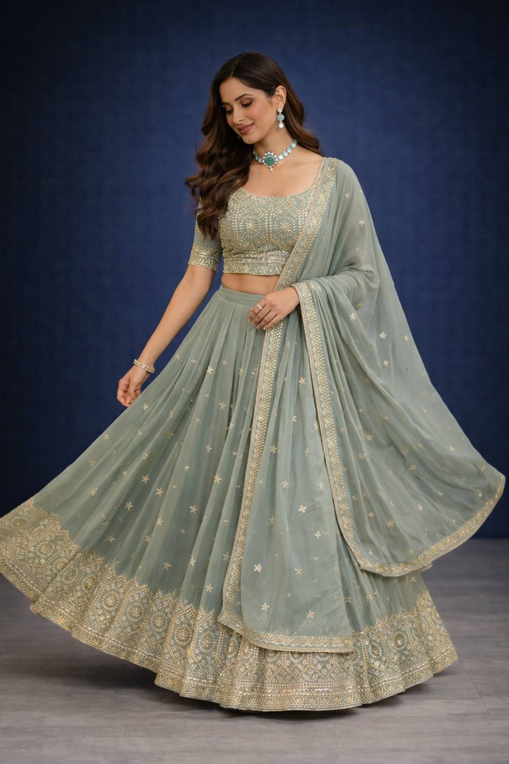 Sienna Sage Green Zari &amp; Sequin Embroidered Faux Georgette Lehenga Saree
