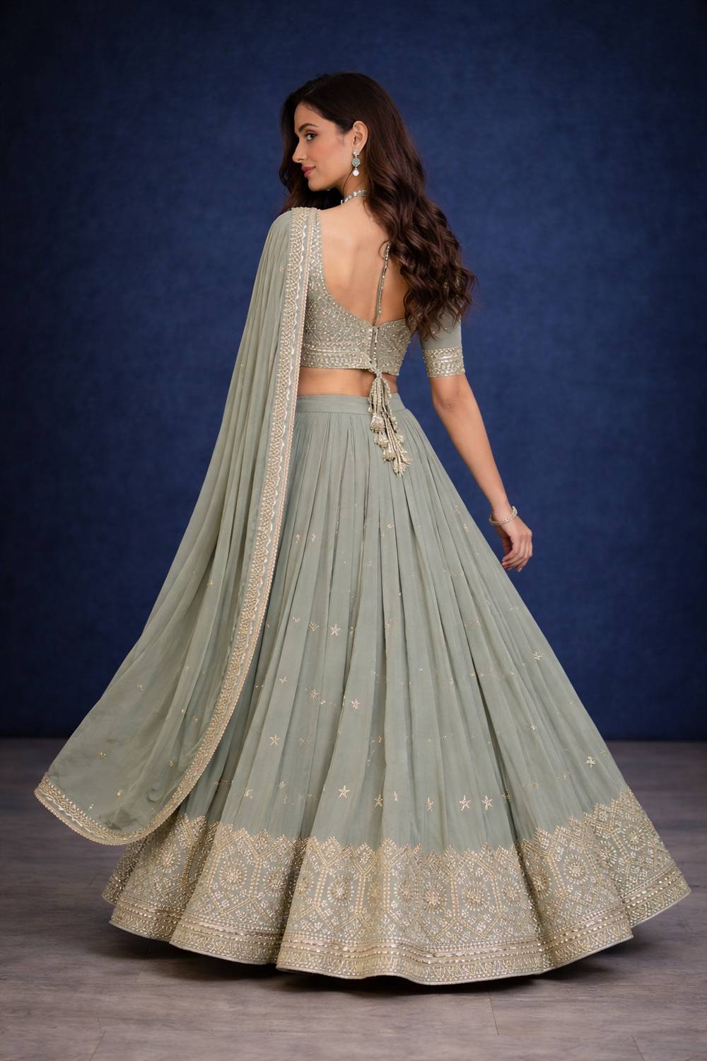 Sienna Sage Green Zari &amp; Sequin Embroidered Faux Georgette Lehenga Saree