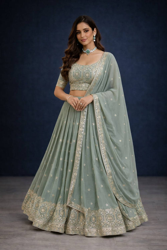 Sienna Sage Green Zari &amp; Sequin Embroidered Faux Georgette Lehenga Saree