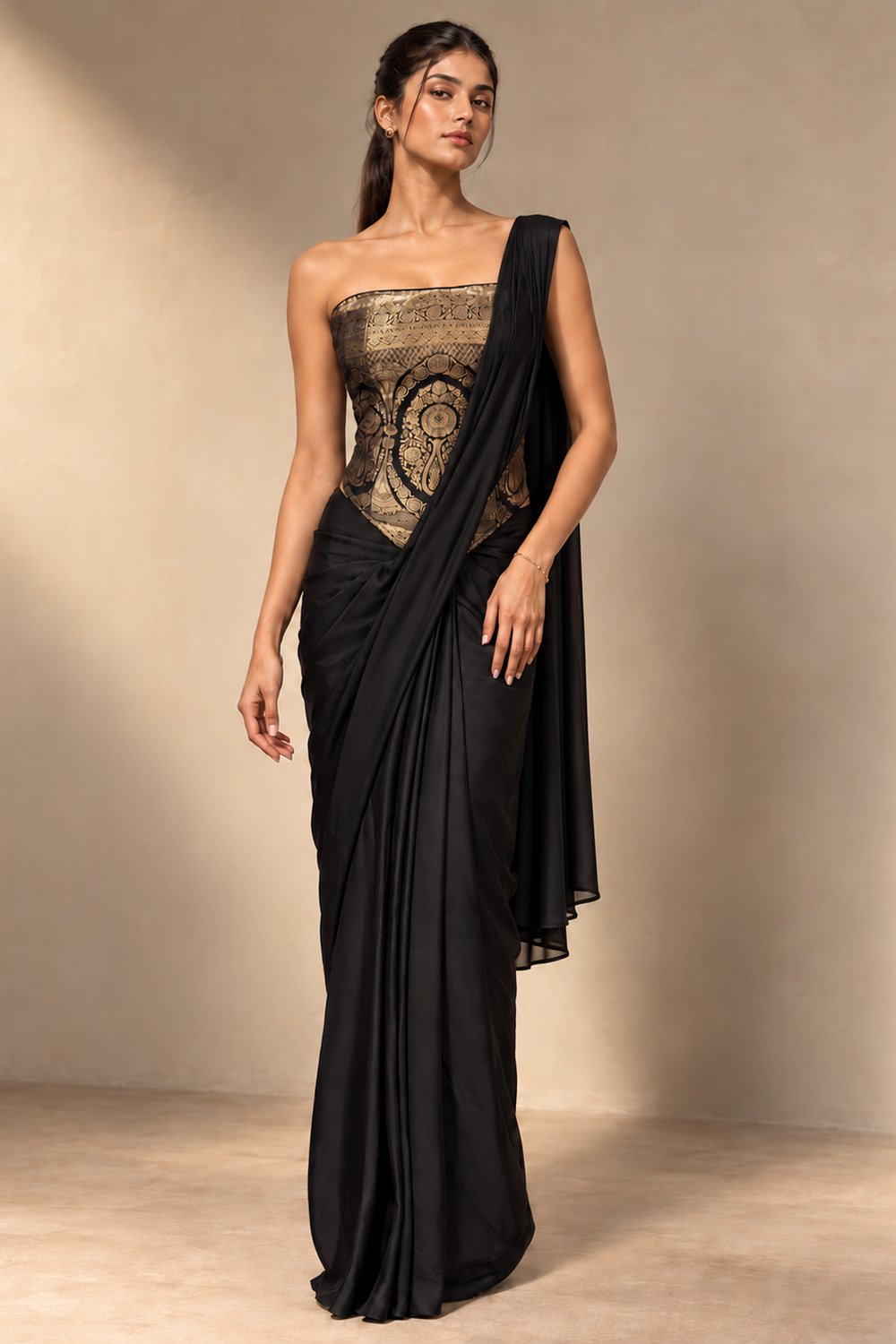 Svara Black Satin Party Wear Saree with Banarasi Corset Blouse One Minute Saree