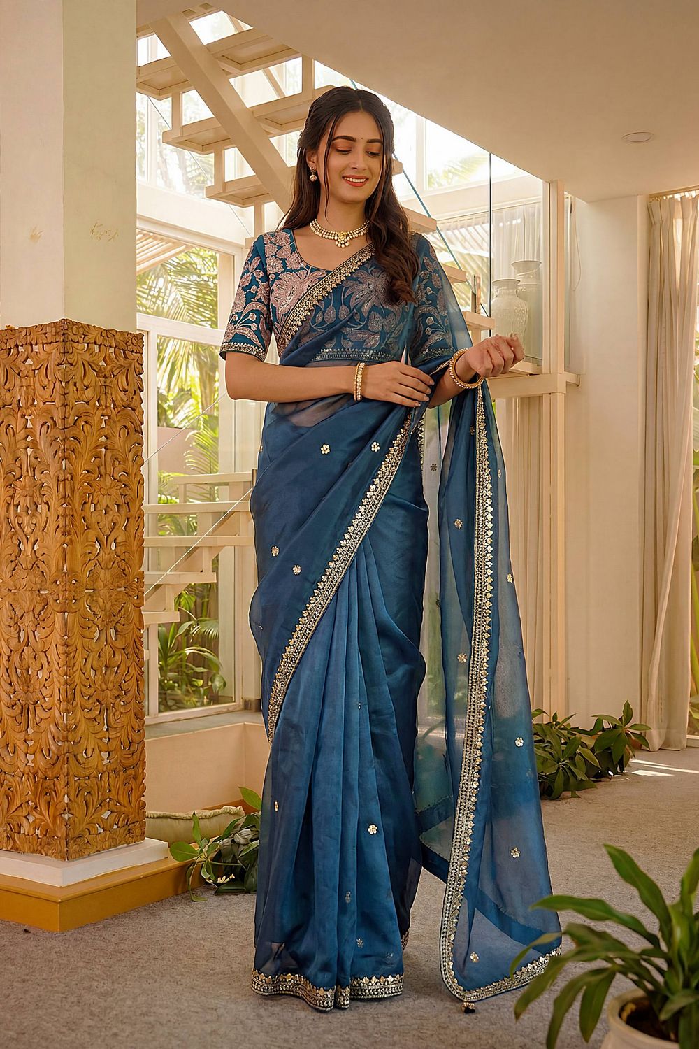 Myra Teal Blue Satin Silk Sequin Embroidered Ready to Wear Saree