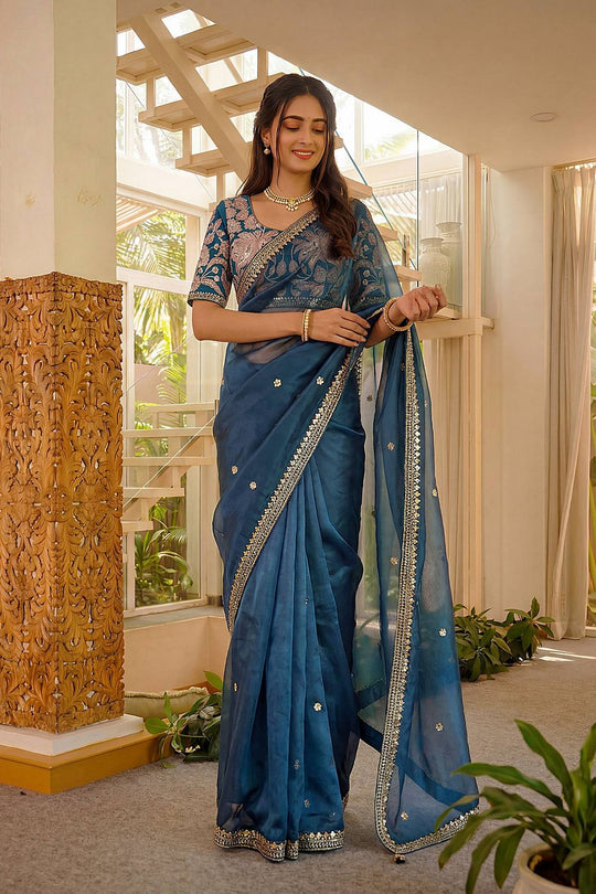 Myra Teal Blue Satin Silk Sequin Embroidered Ready to Wear Saree