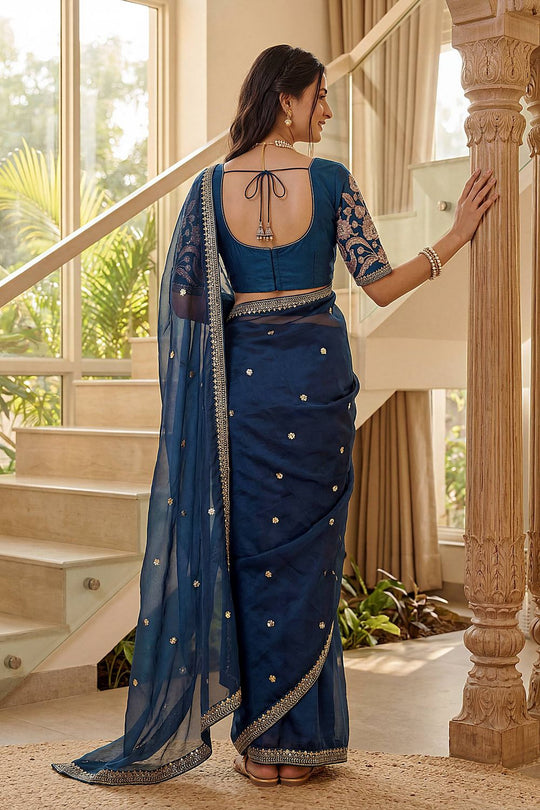 Myra Teal Blue Satin Silk Sequin Embroidered Ready to Wear Saree