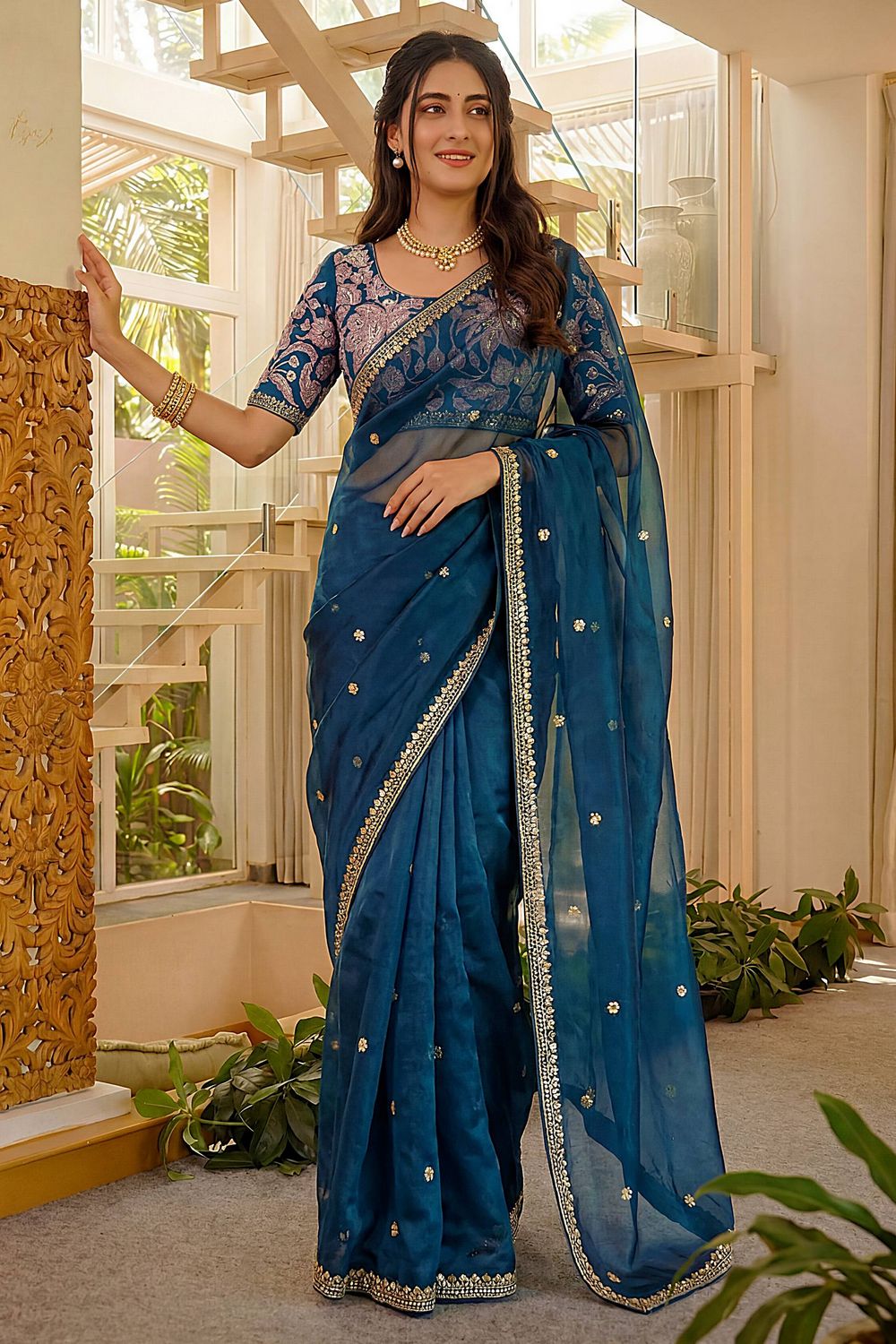Myra Teal Blue Satin Silk Sequin Embroidered Ready to Wear Saree