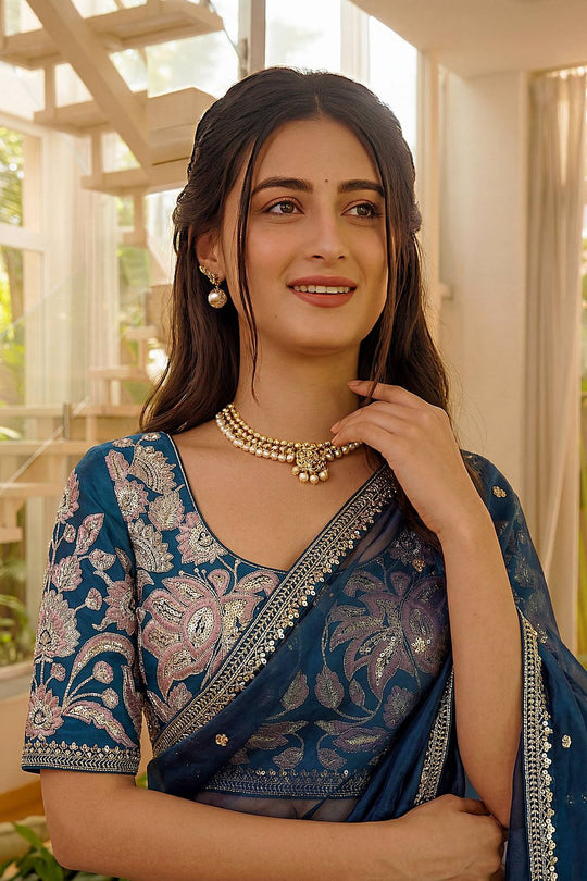 Myra Teal Blue Satin Silk Sequin Embroidered Ready to Wear Saree