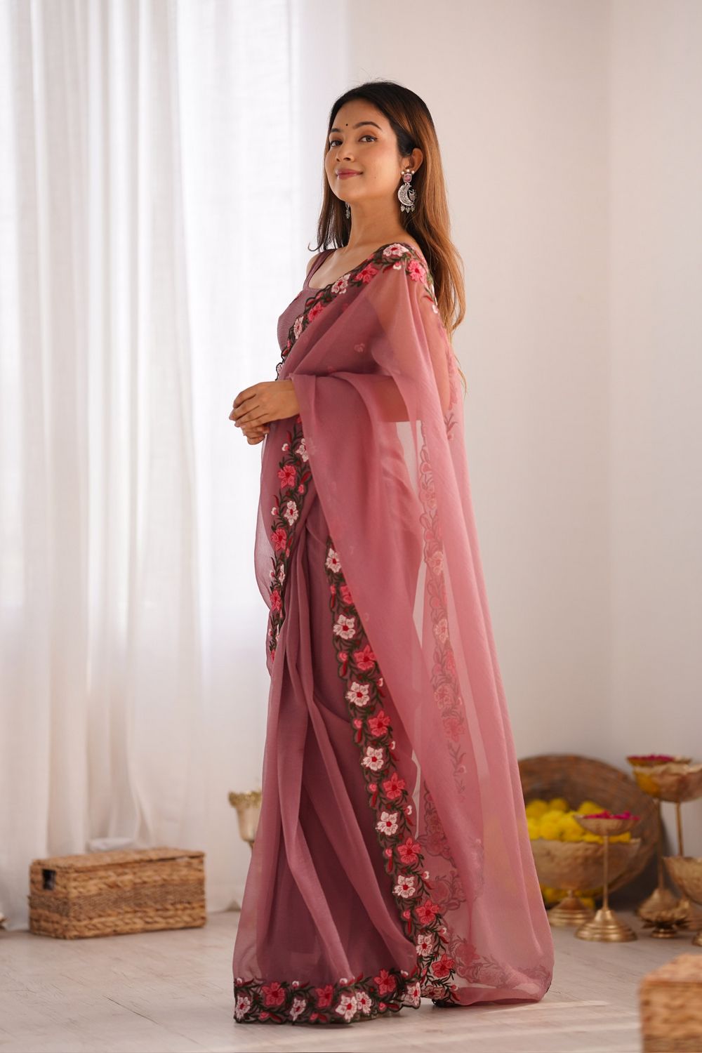 Lena Mauve Tissue Saree with Floral Embroidered Border Ready to Wear One Minute Saree