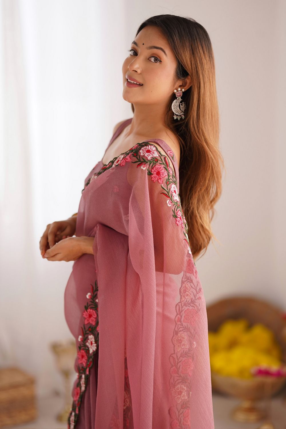 Lena Mauve Tissue Saree with Floral Embroidered Border Ready to Wear One Minute Saree