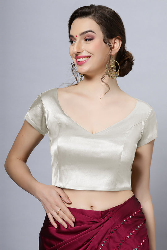 Mena Off-White Satin Comfort Stretch™  Leaf Short Sleeve Blouse