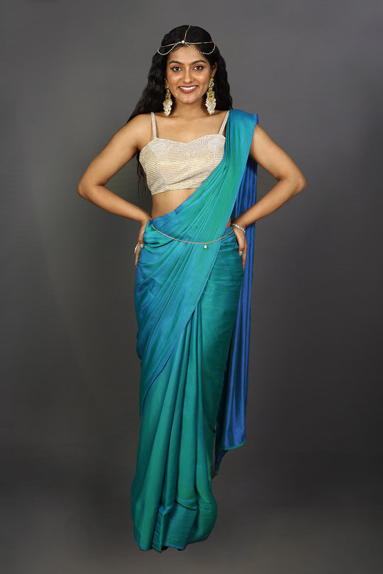 Shana Blue Satin Ombre Ready to Wear One Minute Saree