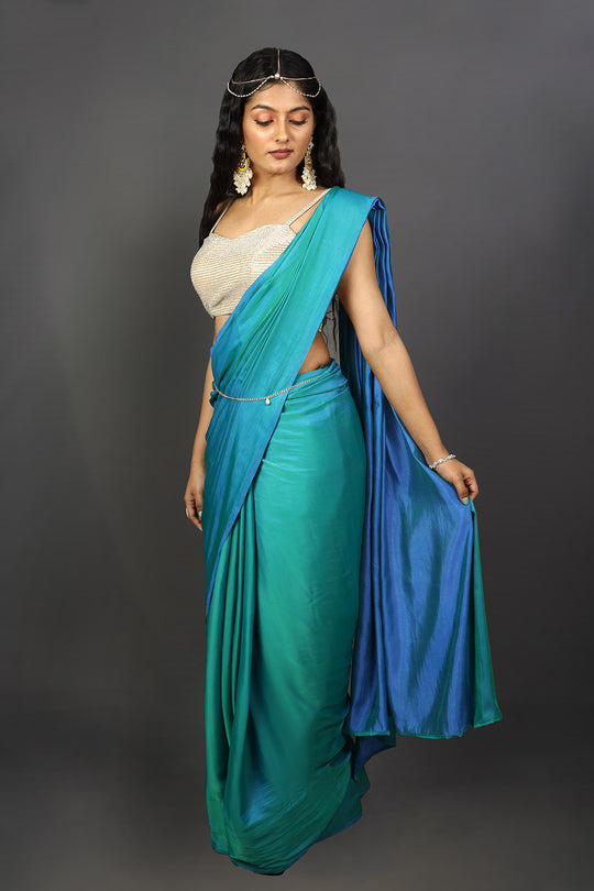 Shana Blue Satin Ombre Ready to Wear One Minute Saree