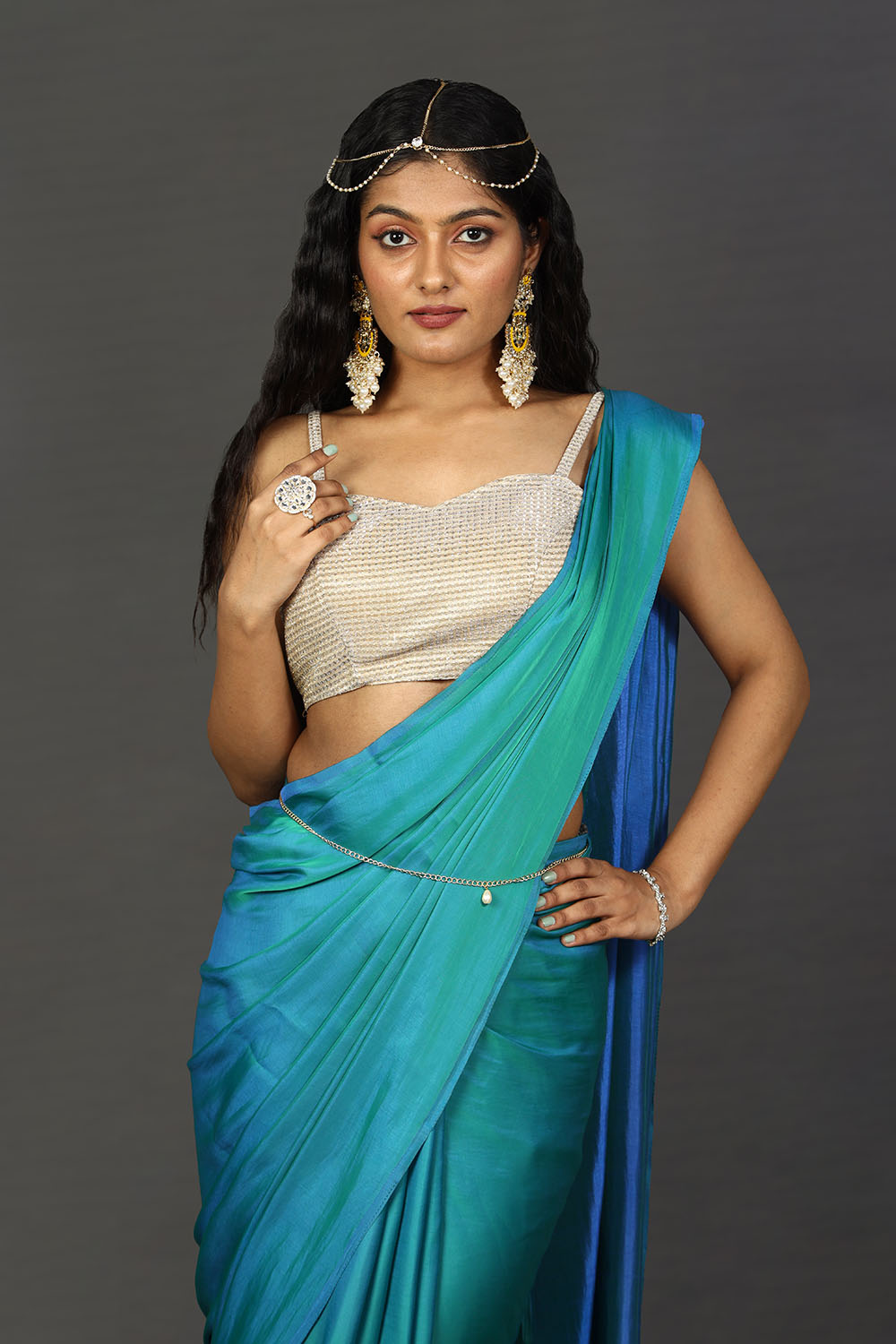 Shana Blue Satin Ombre Ready to Wear One Minute Saree