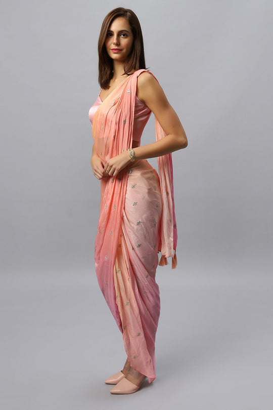 Pariza Peach Chinon Silk Sarong Saree with Gold Sequin Work