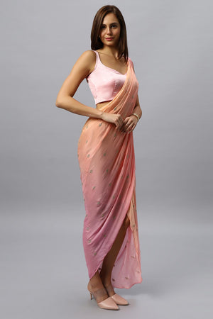 Pariza Peach Chinon Silk Sarong Saree with Gold Sequin Work