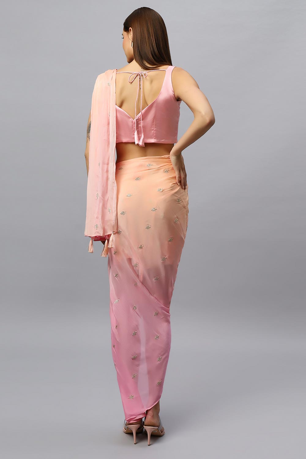Pariza Peach Chinon Silk Sarong Saree with Gold Sequin Work