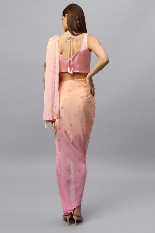Pariza Peach Chinon Silk Sarong Saree with Gold Sequin Work