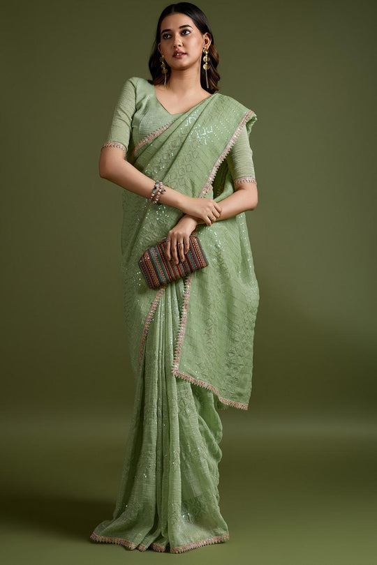 Buy Parrot Light Green Tissue Embellished Ready to Wear One Minute Saree
