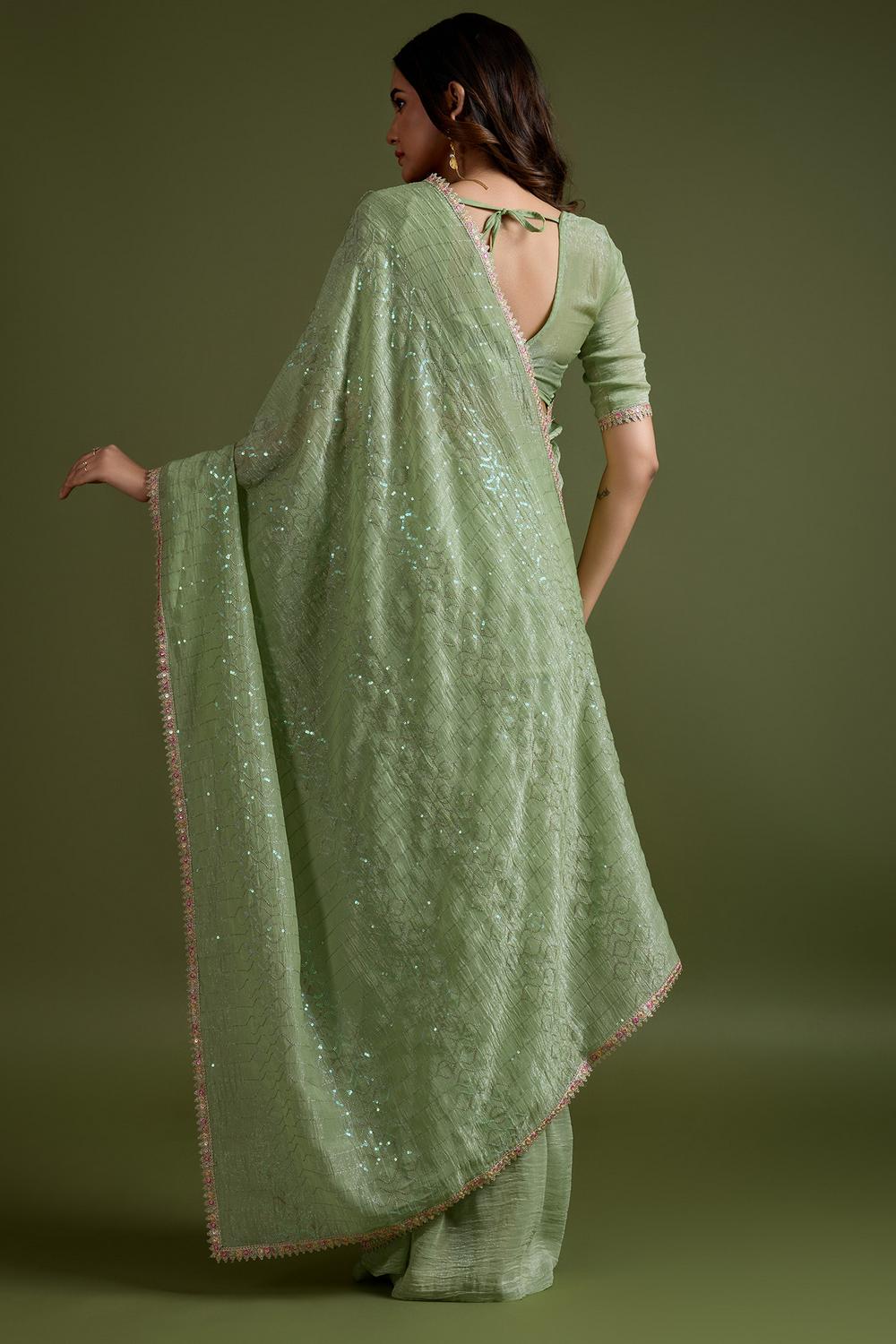 Parrot Light Green Tissue Embellished Ready to Wear One Minute Saree