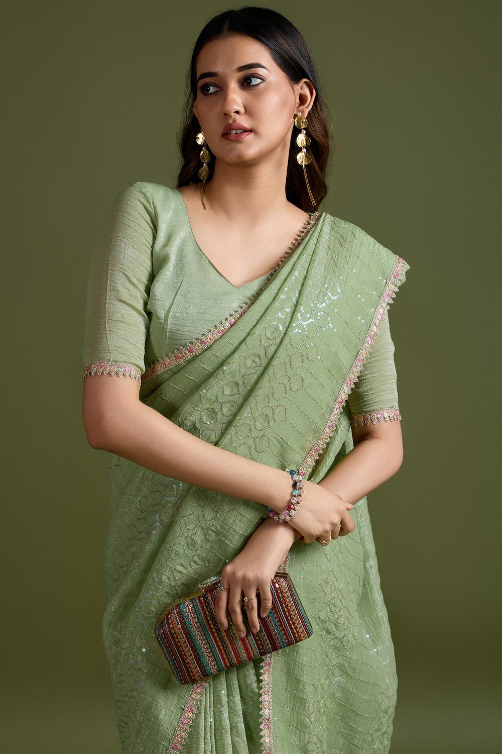 Parrot Light Green Tissue Embellished Ready to Wear One Minute Saree