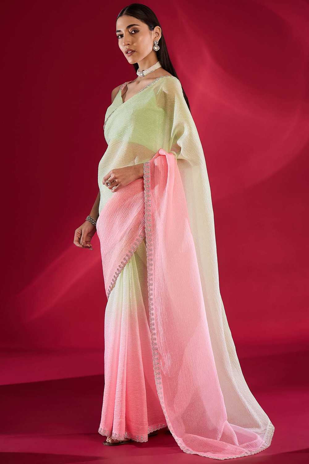 Pink Tissue Embellished Solid Ombre One Minute Saree - Ready to Wear