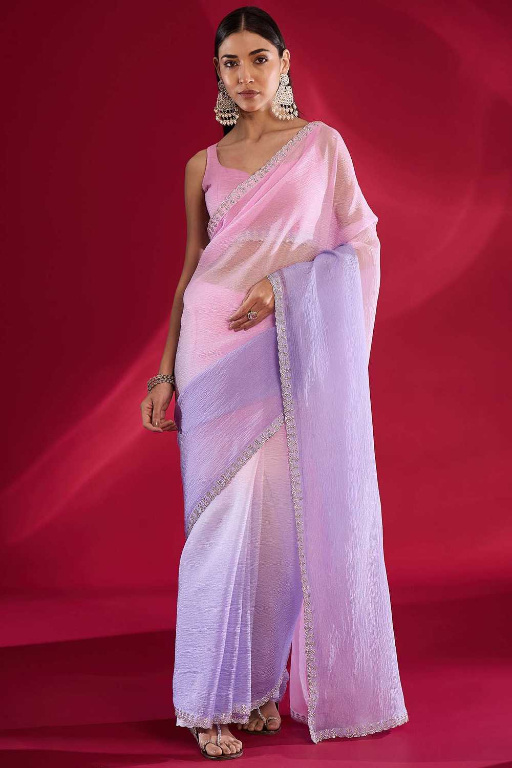 Purple Tissue Embellished Solid Ombre One Minute Saree - Ready to Wear
