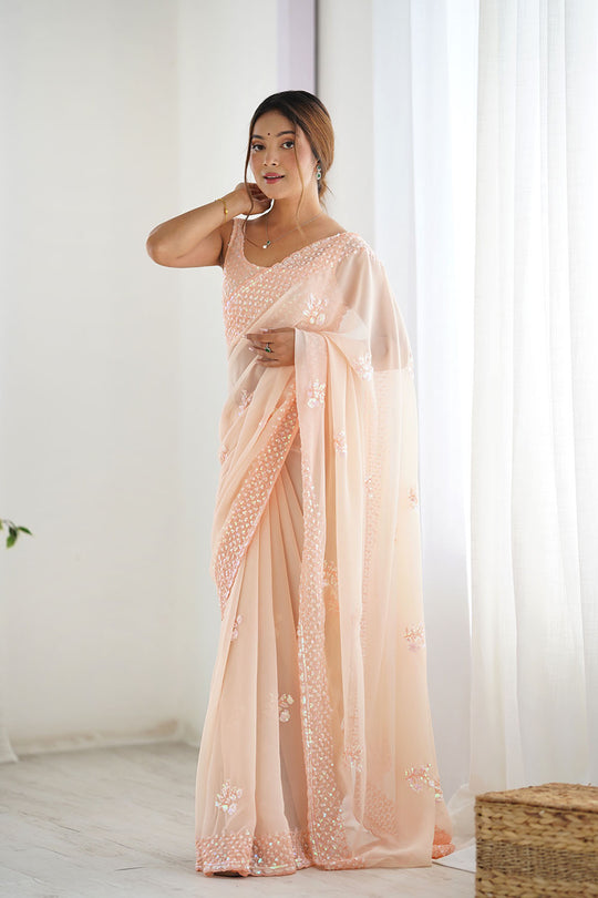 Tyra Blush Peach Georgette Net Embroidered Sequins One Minute Saree