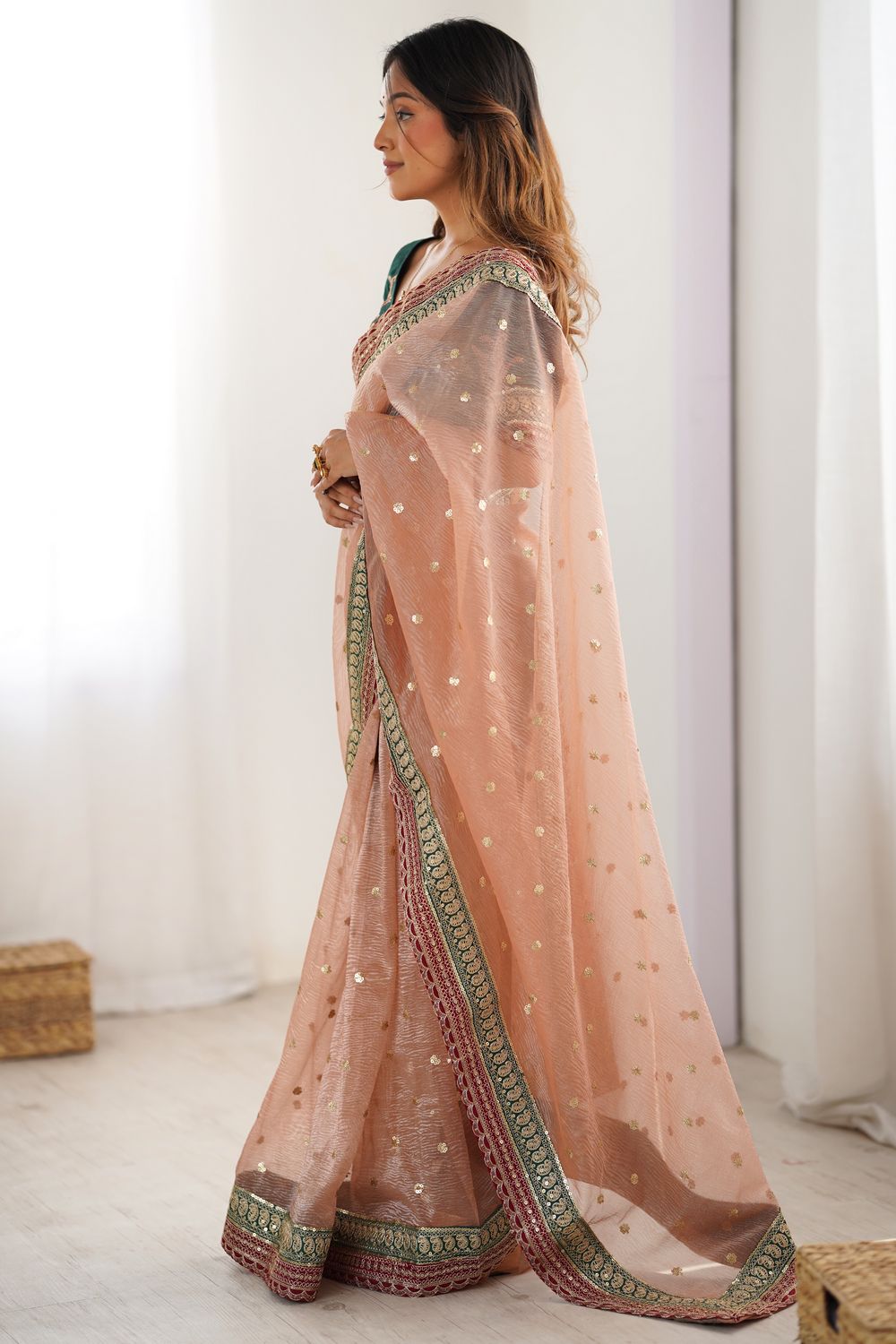 Uma Peach Banarasi Crush Sequins & Cording Lace Border Ready to Wear One Minute Saree