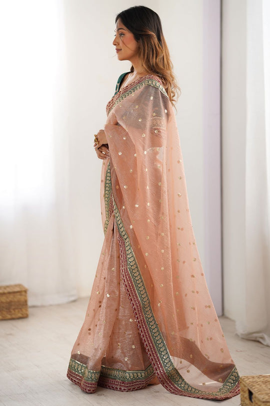 Uma Peach Banarasi Crush Sequins & Cording Lace Border Ready to Wear One Minute Saree