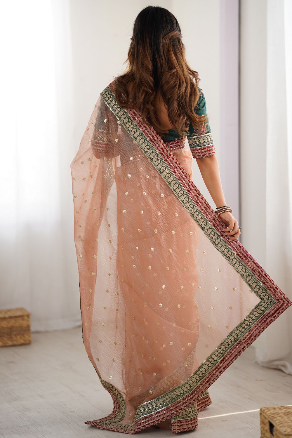 Uma Peach Banarasi Crush Sequins & Cording Lace Border Ready to Wear One Minute Saree