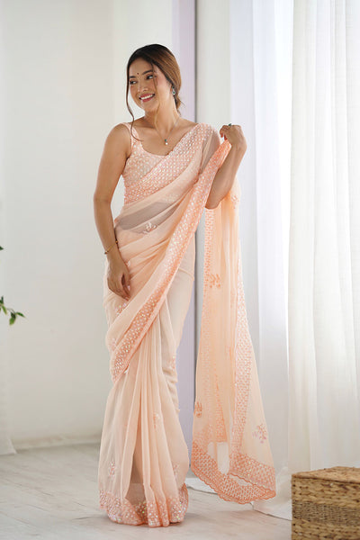 Tyra Blush Peach Georgette Net Embroidered Sequins One Minute Saree