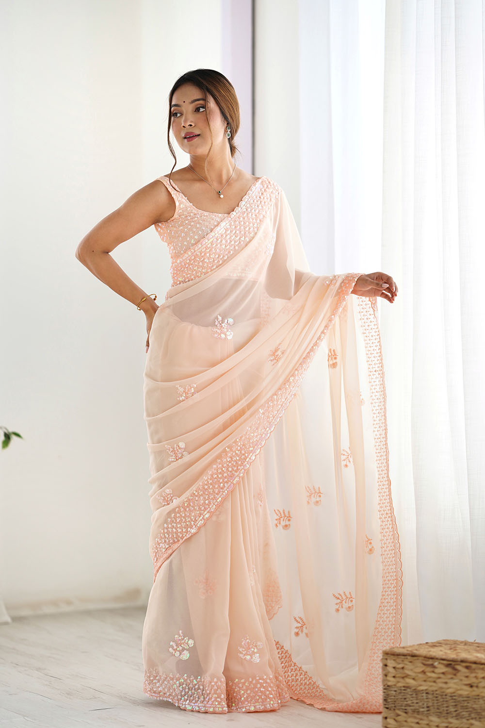 Tyra Blush Peach Georgette Net Embroidered Sequins One Minute Saree