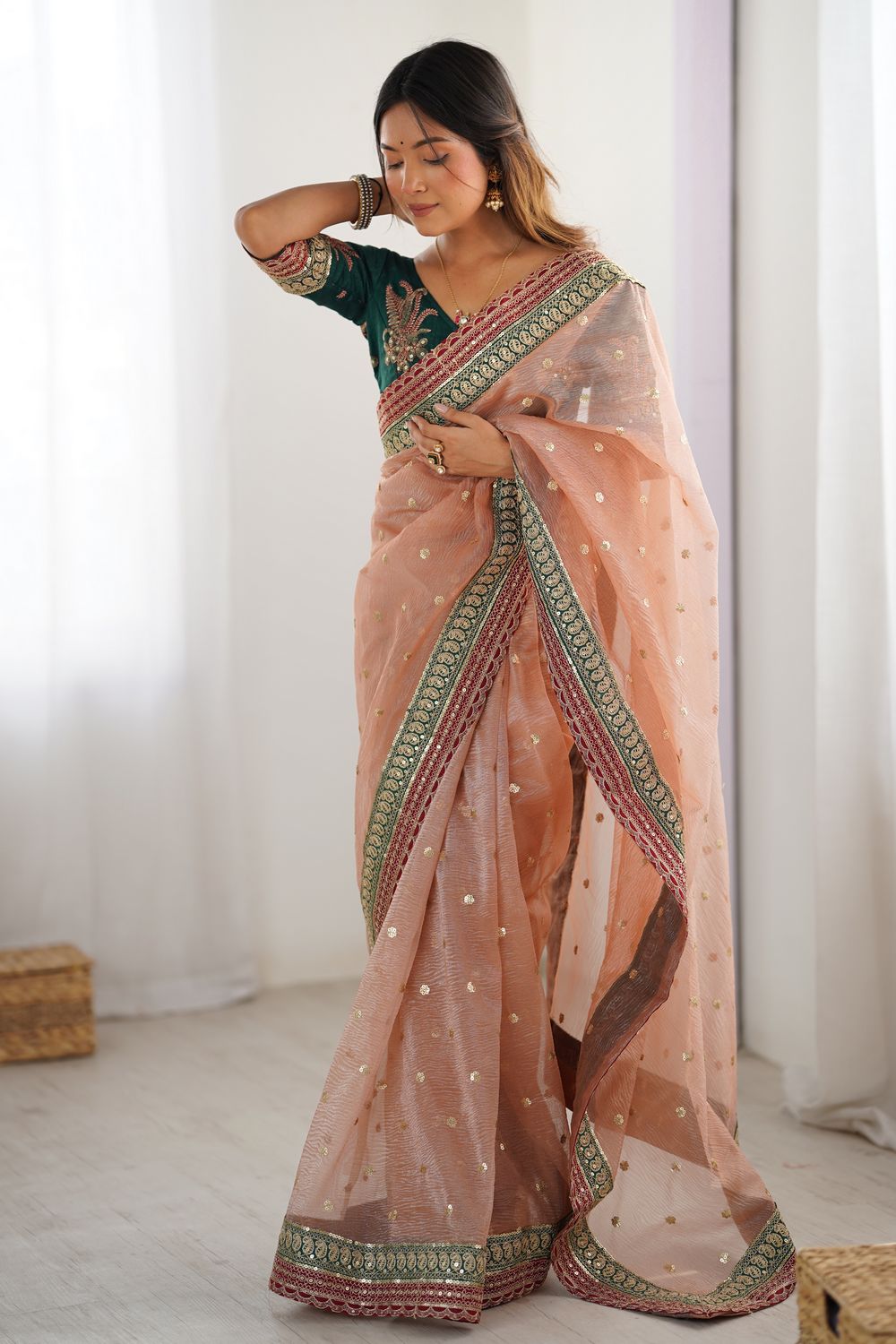 Uma Peach Banarasi Crush Sequins & Cording Lace Border Ready to Wear One Minute Saree