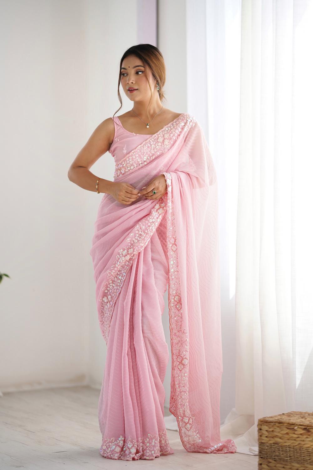 Isaha Light Pink Georgette Saree with Sequins Embellished Border Ready to Wear One Minute Saree