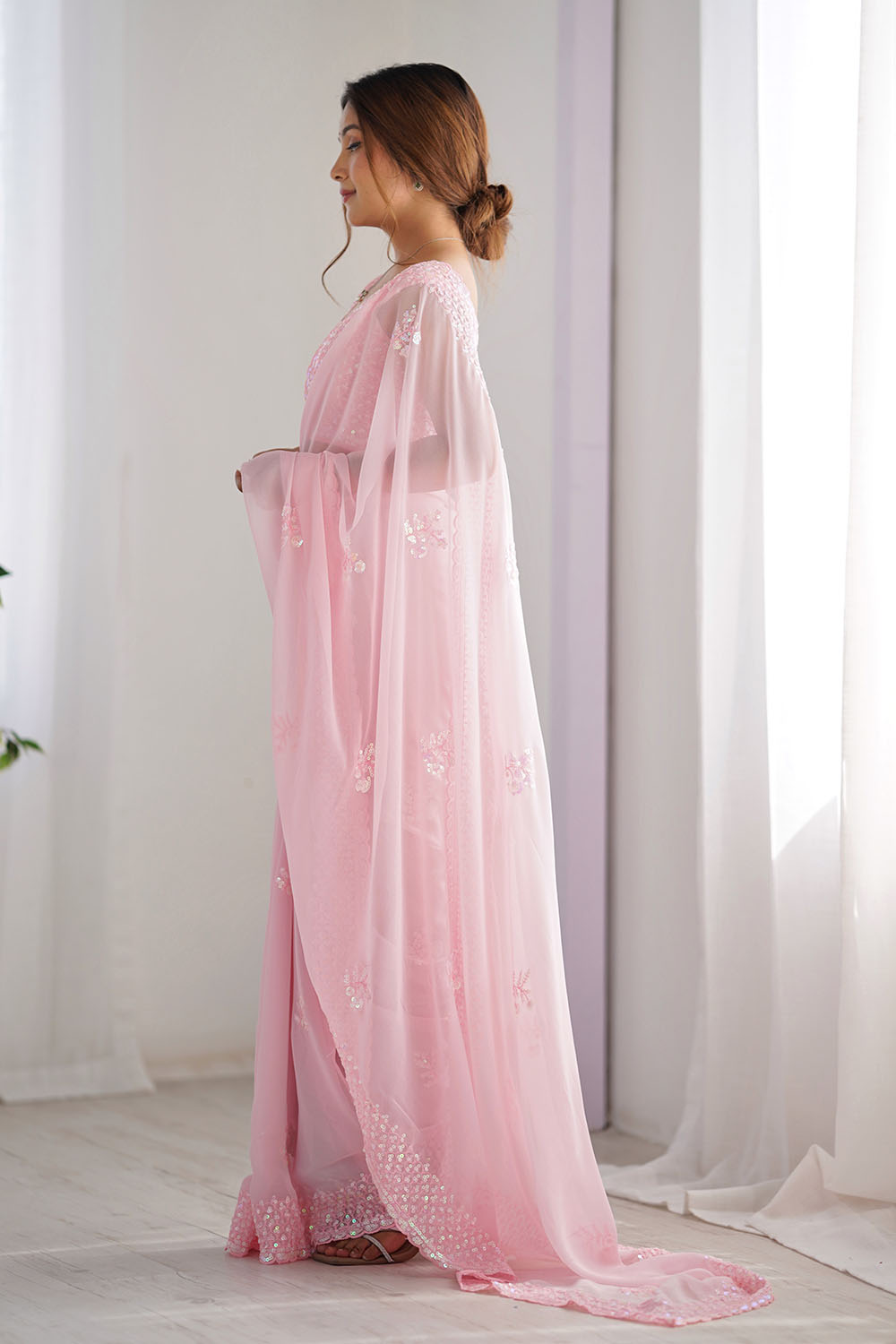 Tyra Light Pink Georgette Net Embroidered Sequins One Minute Saree