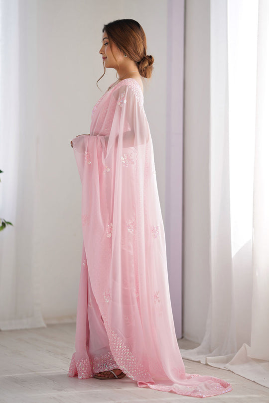 Tyra Light Pink Georgette Net Embroidered Sequins One Minute Saree