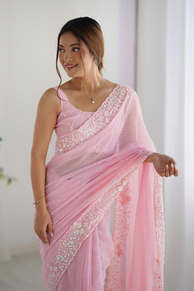 Isaha Light Pink Georgette Saree with Sequins Embellished Border Ready to Wear One Minute Saree