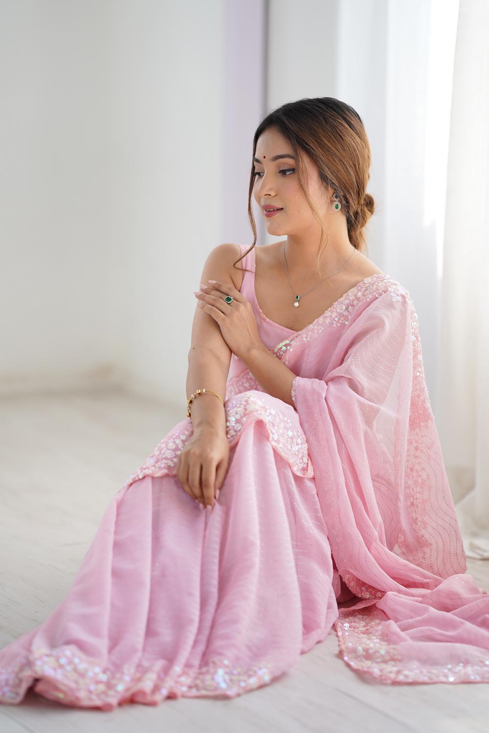Isaha Light Pink Georgette Saree with Sequins Embellished Border Ready to Wear One Minute Saree