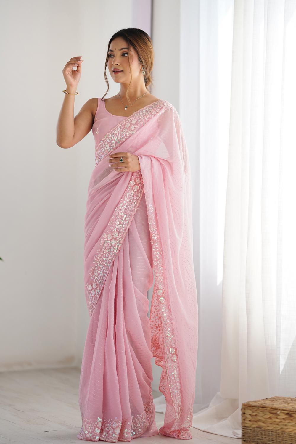 Isaha Light Pink Georgette Saree with Sequins Embellished Border Ready to Wear One Minute Saree