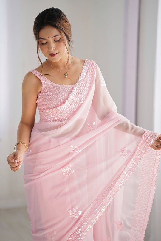 Tyra Light Pink Georgette Net Embroidered Sequins One Minute Saree
