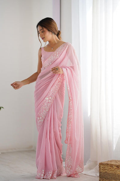 Isaha Light Pink Georgette Saree with Sequins Embellished Border Ready to Wear One Minute Saree