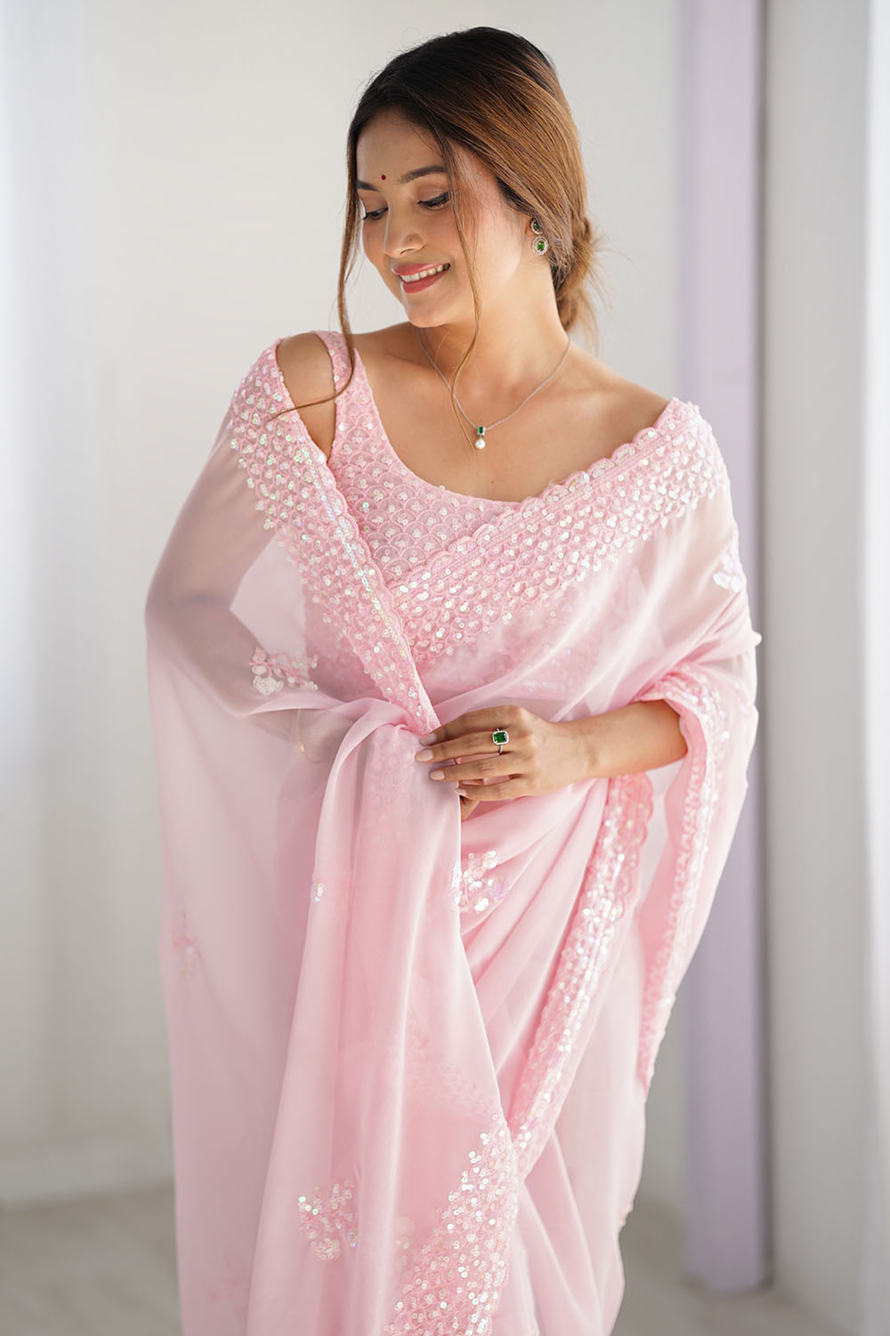 Tyra Light Pink Georgette Net Embroidered Sequins One Minute Saree