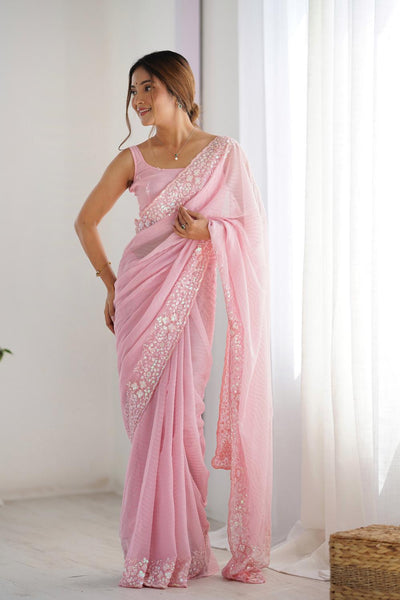 Isaha Light Pink Georgette Saree with Sequins Embellished Border Ready to Wear One Minute Saree