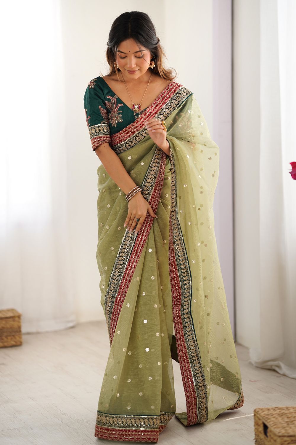 Uma Olive Green Banarasi Crush Sequins & Cording Lace Border Ready to Wear One Minute Saree