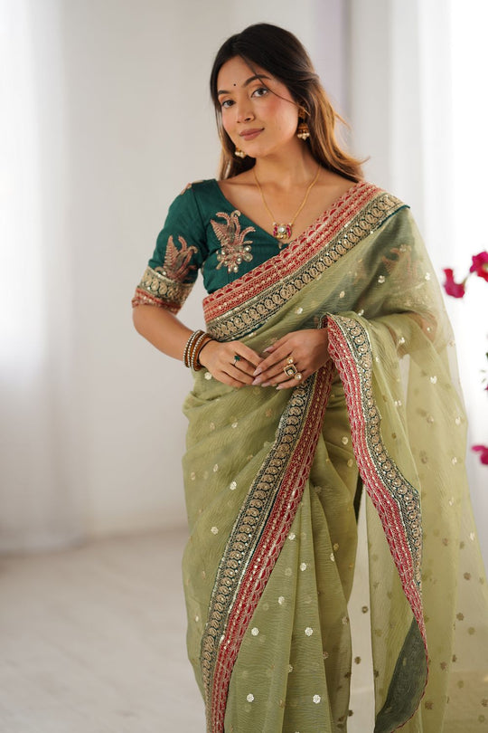 Uma Olive Green Banarasi Crush Sequins & Cording Lace Border Ready to Wear One Minute Saree