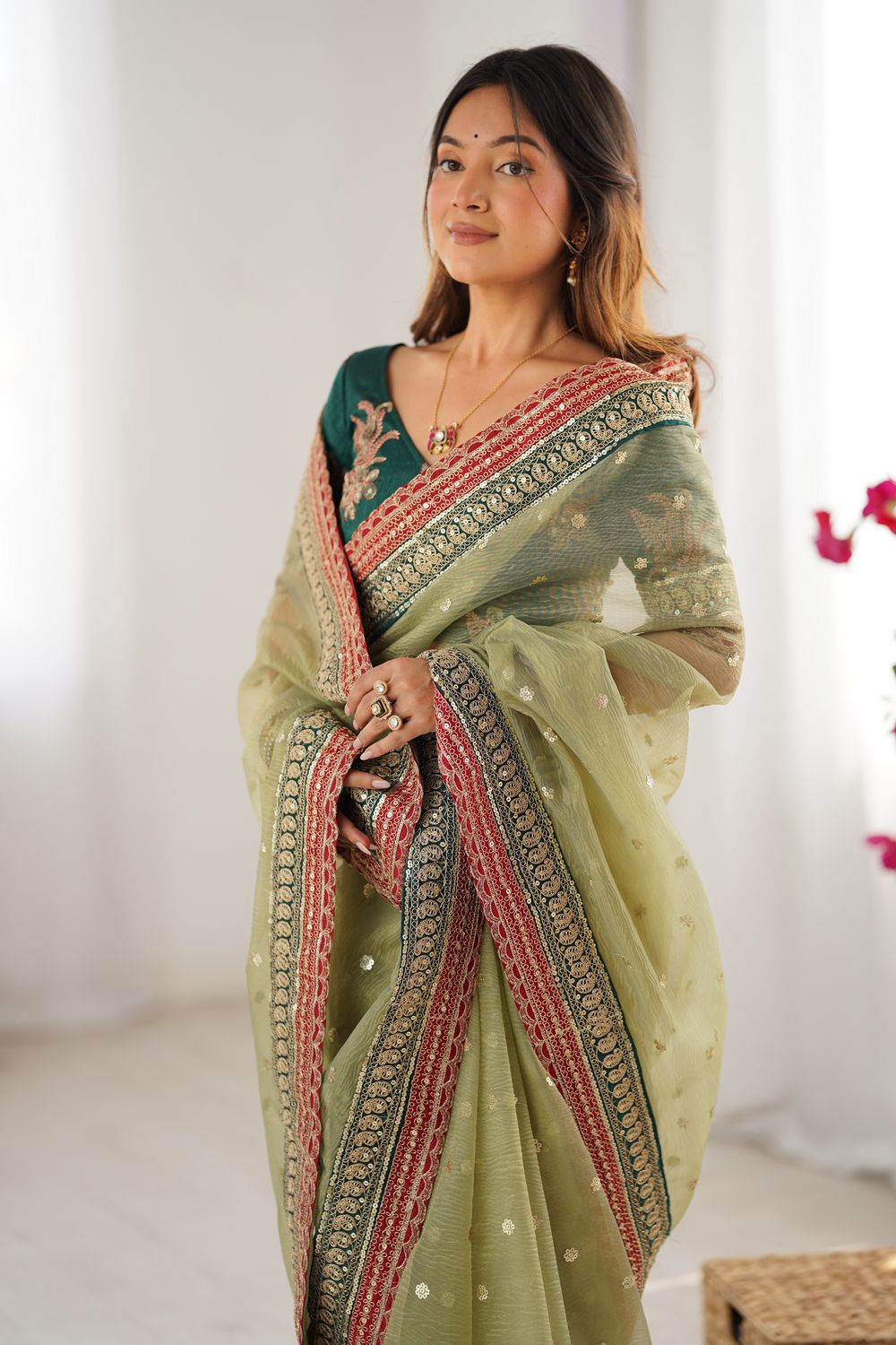 Uma Olive Green Banarasi Crush Sequins & Cording Lace Border Ready to Wear One Minute Saree